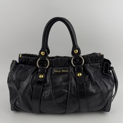 MIU MIU Vintage Black Gathered Leather Satchel Bag Gold Hardware Y2K