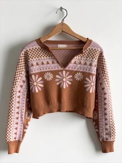 Cropped Floral Knit Sweater -S