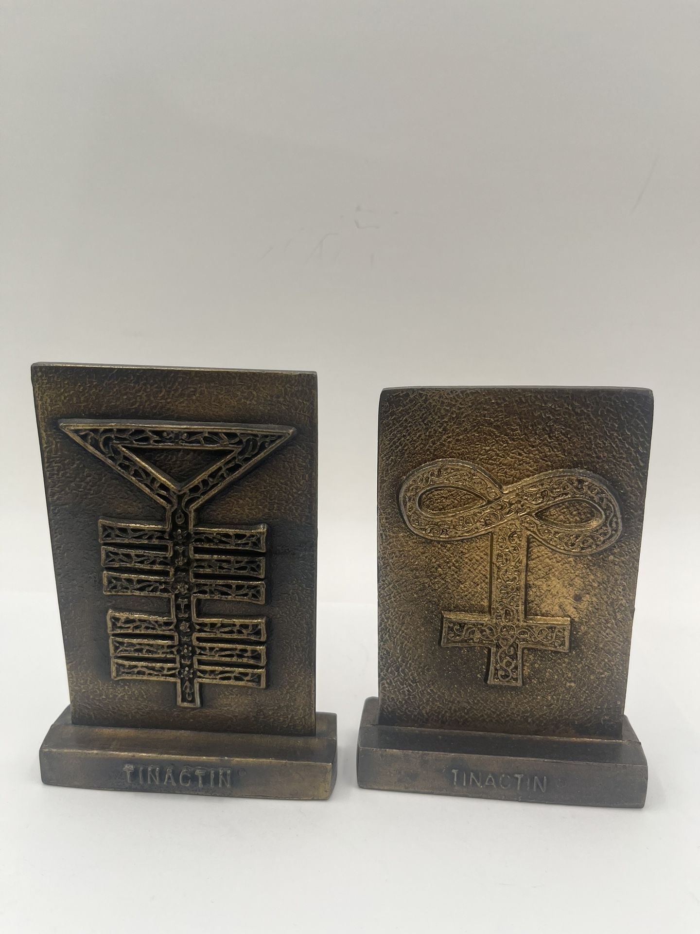 Vintage TINACTIN SECUNDUM ARIEM BRASS PAPERWEIGHT PHARMACEUTICAL STMBOLS 1977-Glass 1979: 5” & 4.75”