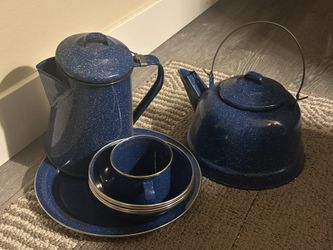 Vintage Blue Speckled Enamel Camping Kettle w/ plate, 4 Bowls + Mug