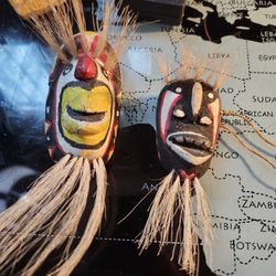 2 Mini Hand Carved Wood Masks 