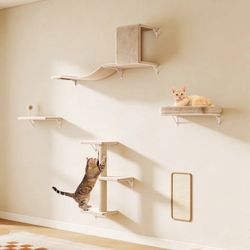 Cat Wall Shelves Set, 5-Piece Wall Mounted Cat Furniture with Cat Tree & Scratching Post(Beige)