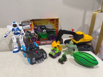 Kids Toy Lot – Robot, CAT Excavator, Grave Digger RC, Hulk & More