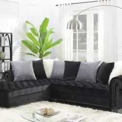 Brand New Special Black Velvet Sectional With Accent Pillows