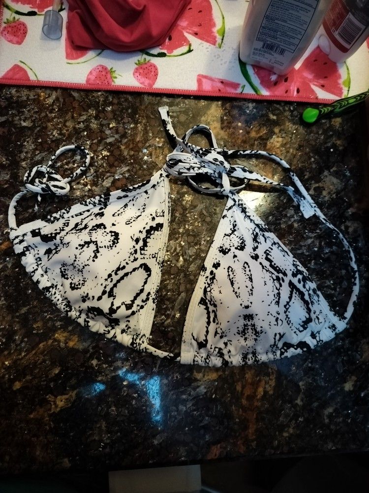 Black/White Snake Print String Bikini Swim Top