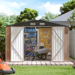10x8 ft Outdoor Storage Shed, Steel Garden Shed, Brown