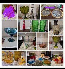 Vintage colored glassware dishes Decanters lantern vase