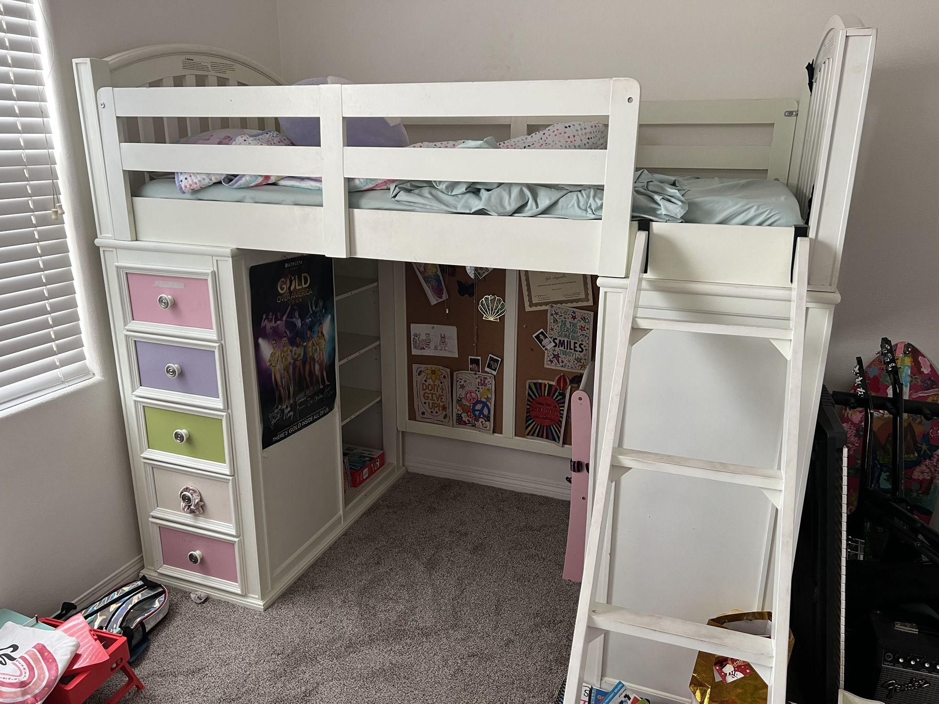 White Wood Bunk Bed With Desk And Storage