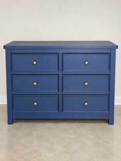 Blue 6-Drawer Wood Dresser with Gold Knobs