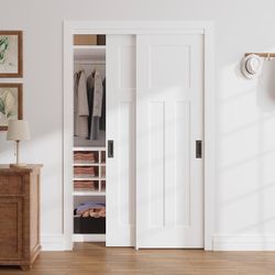 48x80 in Sliding Closet Door, 3-Panel White Primed Bypass Interior Door with Top Track & Floor Guide, Preassembled Door Slab with Paintable Surface, T