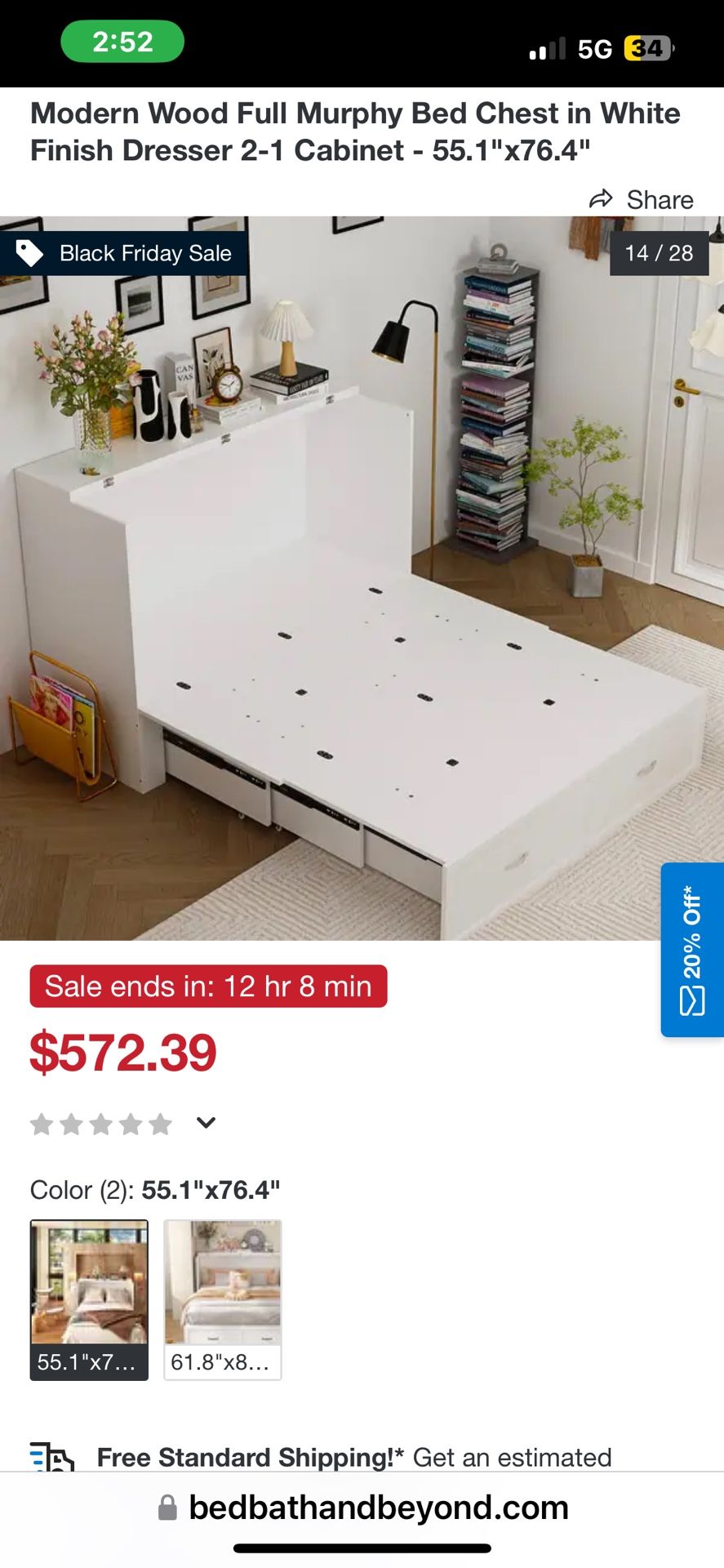 Modern Wood Full Murphy Bed Chest in White Finish Dresser 2-1 Cabinet - 55.1"x76.4"