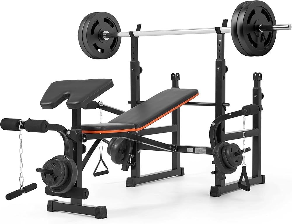 7 In 1 Weight Bench Set with Squat Rack and Preacher Curl Workout Bench with Leg Extension and Leg Curl Adjustable Weight Bench with Barbell Rack Safe