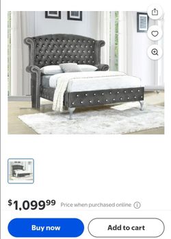 Rebecah Grey modern king size bed frame with beautiful wingback headboard covered in luxurious gray velvet and crystal like diamond tufting and nailhe