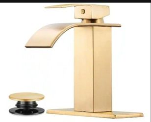Bathroom Faucet Waterfall with Deck Plate, Pop Up Drain Solid Brass, Ceramic Disc, Corrosion, Tarnish ,Rust Resistant 1.2gpm, Brushed Gold