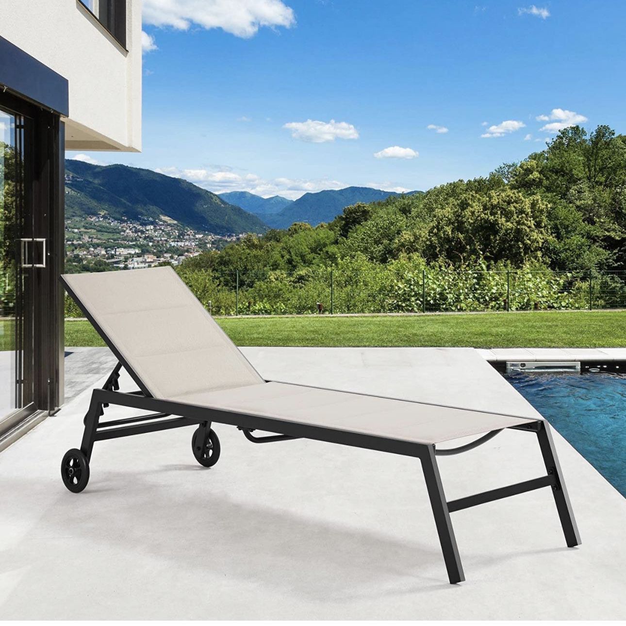Outdoor Patio Chaise Lounge, All Weather Outdoor Lounge with Wheels, 5-Position Adjustable Recliner for Patio, Pool, Beach & Yard, Beige 612442
