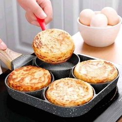 Fry Pan For Egg, Non Stick Ham Pancake Maker, Egg Burger Pan With Wooden Handle, 4 Holes,