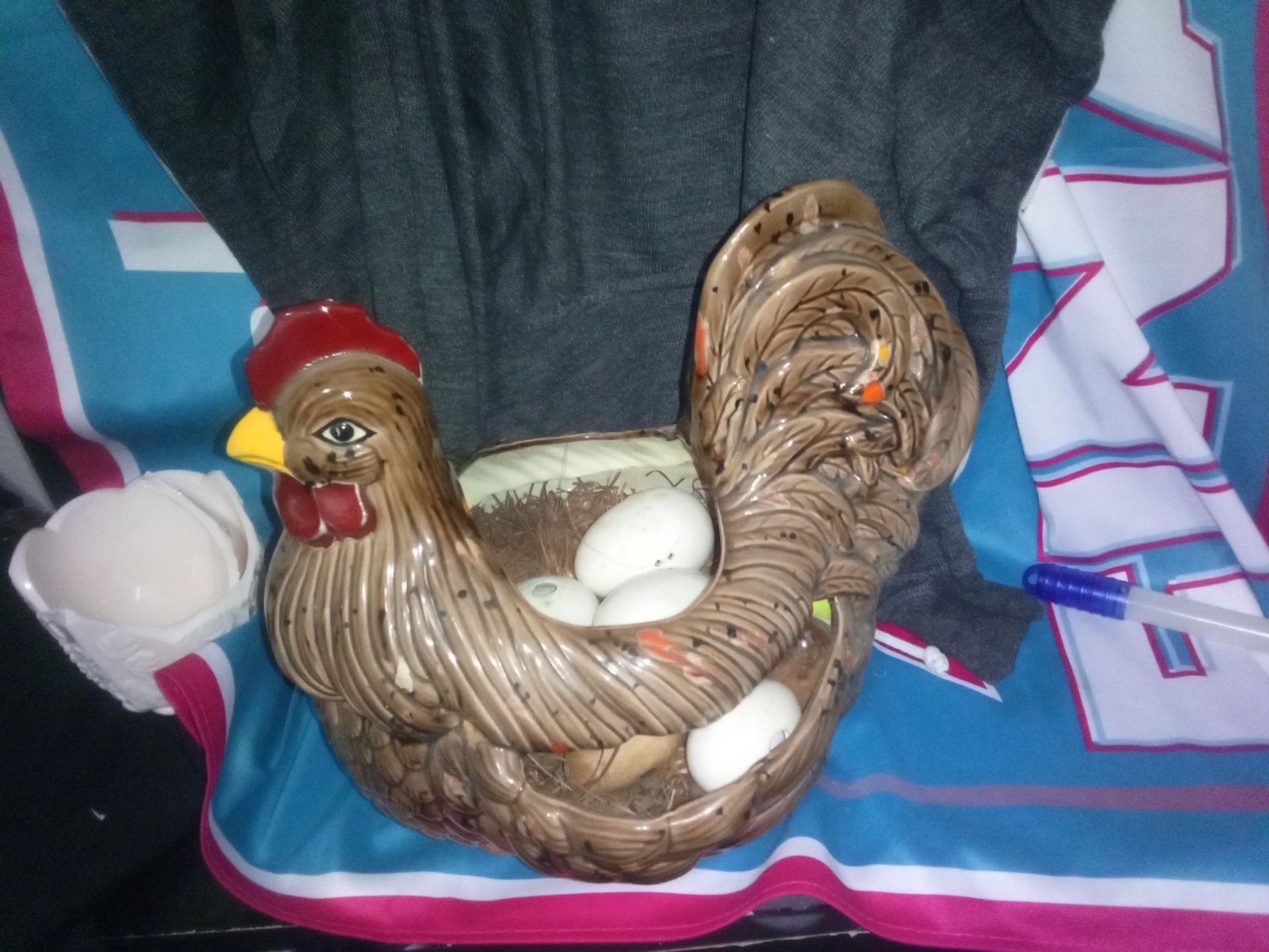 Large chicken planter with ceramic eggs