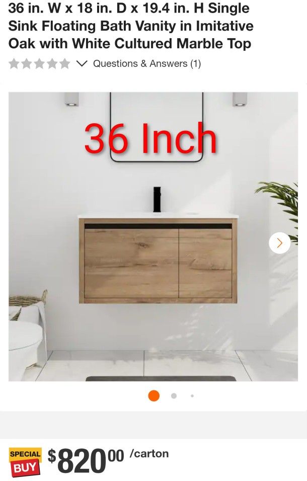 36 in. W x 18 in. D x 19.4 in. H Single Sink Floating Bath Vanity in Imitative Oak with White Cultured Marble Top