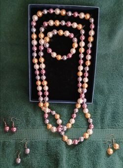 Extra Long Faux Pearl Necklace Multicolor Stretch Bracelet & earring Set