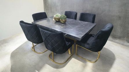 Black Marble Dining Table with 6 Chairs