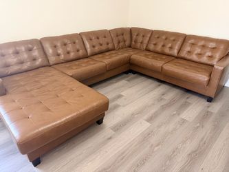 Brown leather sectional sofa couch with chaise lounger