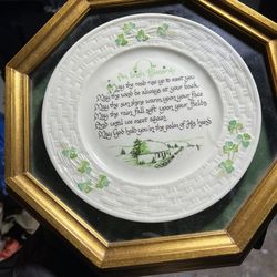 Antique Porcelain 1903 Belleek Irish Blessings Plate in glass wall display case St Patrick’s Day decor