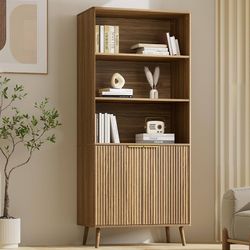 Y252-Walnut Bookshelf, 70.9" Tall Book Shelf, 5-Tier Bookcase with Fluted Doors and Adjustable Shelves, Wooden Storage Cabinet for Living Room, Office