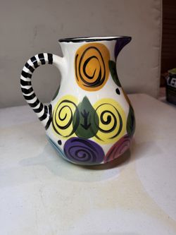 Colorful Pier 1 Folk Art Hand Painted Mexican Pottery Pitcher
