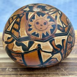 Peruvian Hand Carved Gourd Art Signed Elsa Cusco Sun Moon Folk Decor