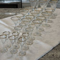 Vintage Wine, Martini And Cordial Glasses, Gold Rimmed