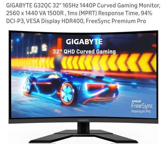 GIGABYTE G32QC 32" 165Hz 1440P Curved Gaming Monitor, 2560 x 1440 VA 1500R