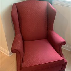 TWO Brick Red Shell Upholstered Wing Chairs