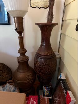 Carved Wood Floor Lamp & Oversized Decorative Vase Set