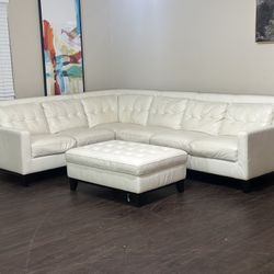 Real Leather Cream Tuffted sectional + Ottoman (Delivery!)
