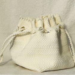Handcrafted Women’s Woven Drawstring Cream Colored Bucket  Party Bag
