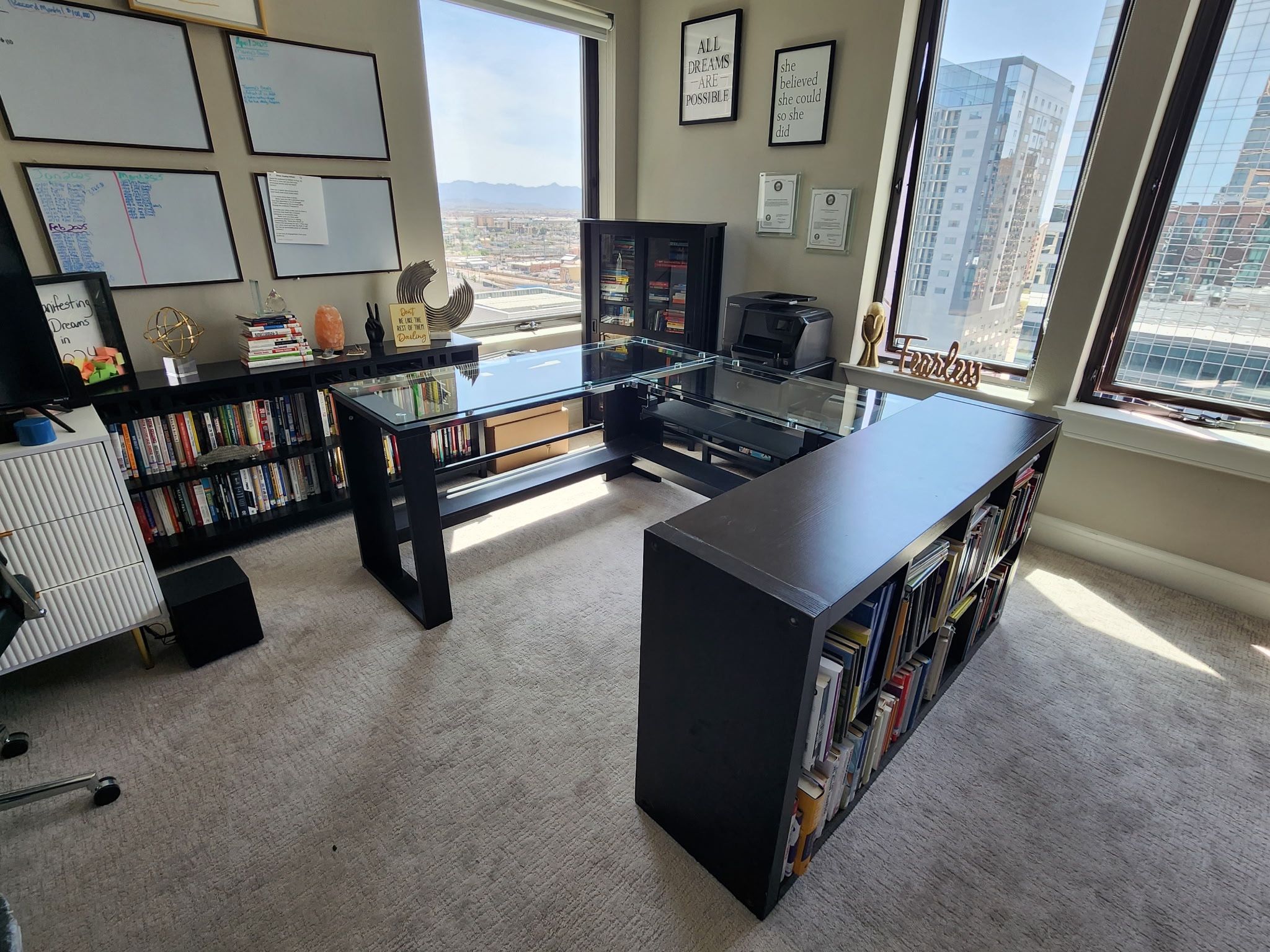 High End Heavy Duty Black L-Shape Desk Bookcases Chair Beautiful Set Printer and Chair Included