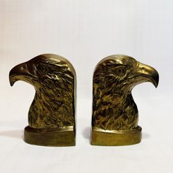 7” Vintage 2 Solid Brass Bronze American Bald Eagle Head Bookends /  Paperweight