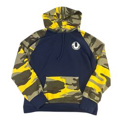 True Religion Pullover Camo Hoodie Blue/Yellow Mens Size Large 100% Cotton