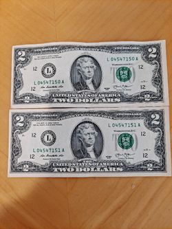 Set Of 2 2013 US Currency $2 Bills Low Serial #'s