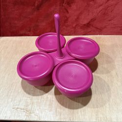 Tupperware Essentials 4 Condiment Caddy Serving Bowl and Lids set in pink