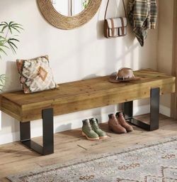 HL0386 63" Solid Wood Entryway Bench with Metal Legs, Farmhouse