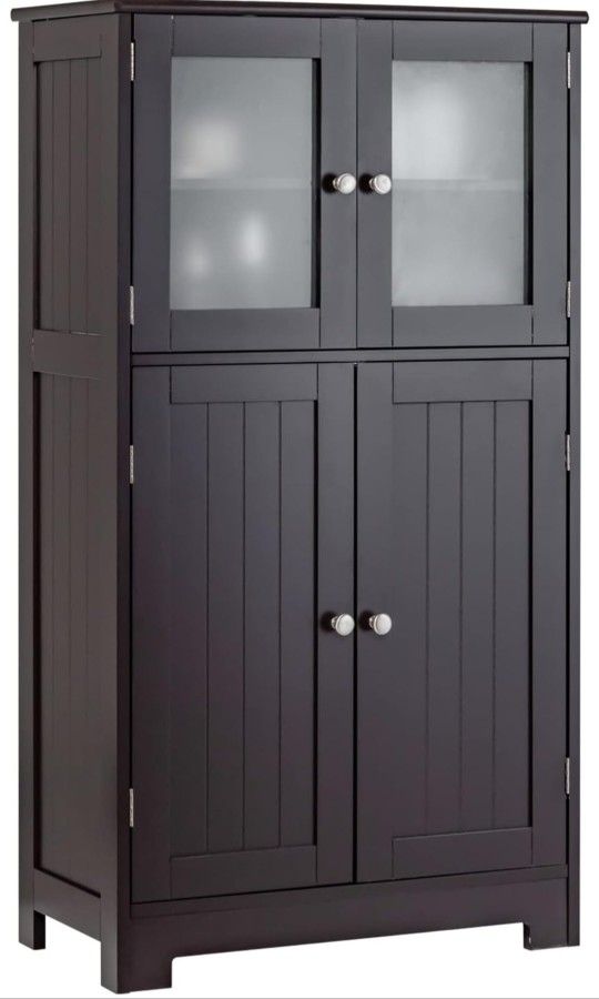Bathroom Floor Cabinet, Storage Cabinet with Glass Doors, Wooden Kitchen Cupboard w/Adjustable Shelf