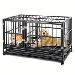 XXL 48in heavy duty dog kennel w/ a divider. 124.46 cm double-room large heavy-duty dog cage,sturdy metal dog cage double door and detachable tray des