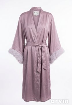 Satin robe with faux fur trim eye mask and hair band