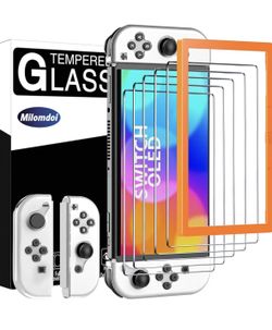 5 Pack Tempered Glass Screen Protector for Nintendo Switch OLED Model 2021, with 2 Pack Clear Joy Con Soft Case, Alignment Frame Accessories for Ninte