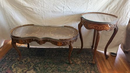King Louis XV Antique Style, Wood, Inlay, End Tables
