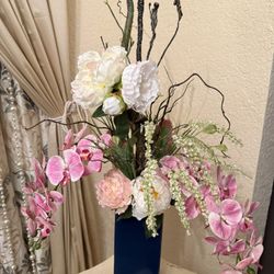 Handmade Artificial Floral Arrangement: in Pink And White With Exclusive Assorted Colors. Navy Blue Vase, 12 cm High X 19 cm Wide .