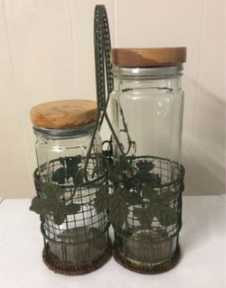 2 Glass Canisters with Metal Holder