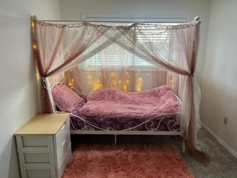 White Metal Canopy Bed Frame with Canopy Curtains - $150