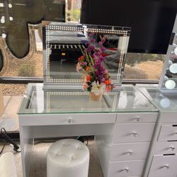 Glossy White Vanity Table + Mirror + FREE STOOL 